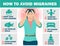 How to avoid migraines. Migraine infographic. Headache. Vector medical poster migraine. Prevention. Illustration of a