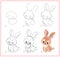 How to draw cute little Easter rabbit. Educational page for children. Creation step by step prehistoric animal illustration.