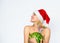 How to give your body basic detox. Girl attractive naked wear santa hat hug watermelon white background. Winter detox