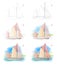 How to learn to draw sketch of swimming sailboat. Creation step by step watercolor painting. Educational page for artists.