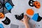 How to make decore for Halloween greetings and fun. Children art project. DIY concept. Step by step photo instruction