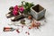 How to make floral arrangement with roses and bark in vintage po