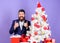 How to organize awesome office christmas party. Man bearded hipster wear formal suit near christmas tree. Checklist