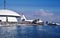 Howard Hughes Spruce Goose Hercules HK-1 N37602 CN 1 H-4 being moved into a dome next to the HMS Queen Mary at the Port of Long