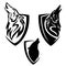 Howling wolf head in simple heraldic shield black and white vector emblem