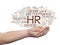 Hr or human resources management abstract word cloud in hand isolated on background