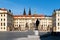 Hradcany square with entrance gate to Prague Castle and statue of Tomas Garrigue Masaryk - the first President of