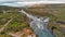 Hraunfossar Waterfalls, Iceland. Aerial view from drone on a summer day