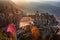 Hrensko, Czech Republic - Aerial view of the beautiful Pravcicka Brana in Bohemian Switzerland National Park at sunrise