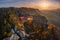 Hrensko, Czech Republic - Aerial view of the beautiful Pravcicka Brana at sunrise in Bohemian Switzerland National Park