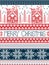 Hristmas, festive winter seamless pattern in cross stitch with gingerbread house, Christmas tree, heart, reindeer in blue, red