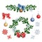 Ð¡hristmas set.  Wreath and branch with New Years decorations. Spruce twig with snowflake, snow, bow and ball