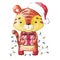 Ð¡hristmas watercolor illustration on a white background. New Year, the year of the tiger.