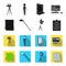 Hromakey, script and other equipment. Making movies set collection icons in black,flet style vector symbol stock