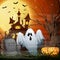 HScary church background with ghost and pumpkins