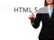 HTML 5 - Businesswoman hand pressing button on touch screen interface.