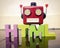 HTML wit wooden letters and a red robot talking head on a wooden