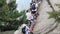 HUA SHAN, CHINA - AUGUST 4, 2018: People climbing steep stairs leading to the peaks of Hua Shan mountain in Shaanxi