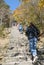 Huangshan Mountain in Anhui Province, China. Tourists walking up the eastern steps