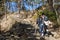 Huangshan Mountain in Anhui Province, China. Tourists walking up the eastern steps