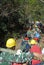 Huangshan Mountain in Anhui Province, China. Workers climbing the eastern steps of Huangshan hauling a very long pipe