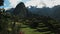 Huayna picchu and the central plaza at peru`s lost incan city of machu picchu