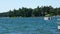 Hubbard County, MN - 26 Jul 2019: A beautiful lake in northern Minnesota with a pontoon, boat pier and seaguls under a blue sky