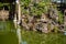 Hue, Vietnam, the imperial citadel. View of a palace water and rock garden with bonsai trees.