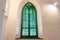 Huelva, Spain - December 18, 2021: Detail of window of Anglican Church of Bella Vista used by the staff of the Rio Tinto Company