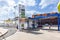 Huelva, Spain - March 19, 2022: DIsplay with gas prices, diesel and unleaded gasoline, at Carrefour petrol station with Cepsa fuel