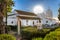 Huelva, Spain - September 8, 2020: View of Sanctuary Virgen de la Cinta from Gardens, backlighted with sun flares,  patron virgin