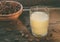 Ð¡hufa milk in glass, with tigernut. Alternative type of milks. Vegan non-dairy milk. Lactose-Free Milk and Nondairy Beverages.