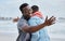 Hug, greeting and friends at the beach happy, excited and embracing on nature, mockup and background. Men, hello and