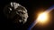 Huge asteroid in space approaching planet with sunrise