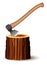 A huge ax with a comfortable wooden handle and a sharp blade. Stuck in the stump. Tool for the work of the builder and