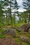 Huge boulders stones covered with moss and pine forest near beatiful fresh blue lake, Park Mon Repos, Vyborg, Russia