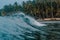 Huge breaking wave of a sea and the palm  trees in the background in Mentawai islands, Indonesia