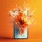 A huge broken mobile phone, screen shattering explosion