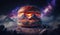 huge burger in cosmos nebula background generative AI