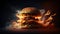Huge Burger with Cutlet and Cheese on the Background of Fire on Foody Theme AI Generative