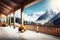 Huge chalet style terrace. Wooden house in the mountains with a view of the snow-capped mountains. AI Generated