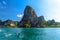 Huge cliff rocks in azure water, Railay beach, Ao Nang, Krabi, Thailand