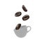 Huge coffee beans are falling into a white cup. Isolated on white.