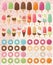 Huge collection of 28 ice creams and 32 donuts, delicious and tasty summer treats