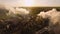 A huge concrete plant with pipes among the fields. aerial view