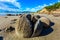 Huge cracked boulder on Moeraki beach