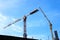 Huge cranes working. Home construction.