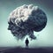 Huge dark cloud over a man on a road, depression and negative thoughts, mental health, burn out and stress