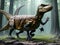 A huge dinosaur running through a prehistoric forest.