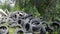 A huge dump of old tires in the woods. Illegal dumping of used tires. Environmental pollution. Garbage collection tractor